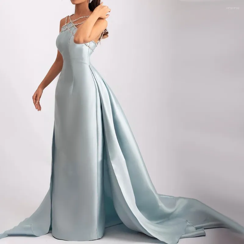 Robes de fête Hill Hill Blue Satin Élégant licou avec sur-jupeur Sirène Boue de soirée perle pour femmes mariage 2024 LA72524