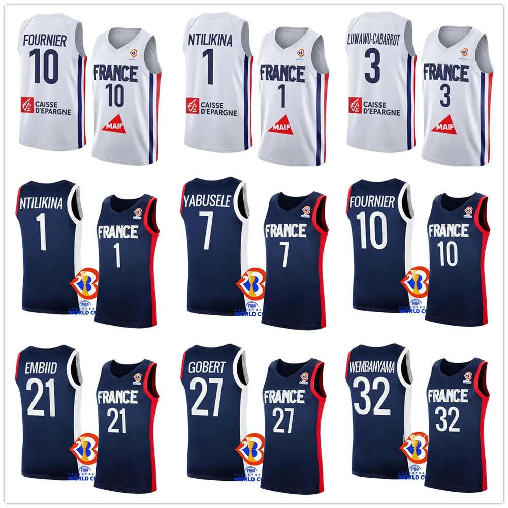 Imprimé 2023 Coupe du monde France Jersey Basketball 32 Victor Wembanyama 10 Evan Fournier 5 Nicolas Batum Joel Embiid 21 Rudy Gobert 27 77 Damien Inglis Mathias Lessort