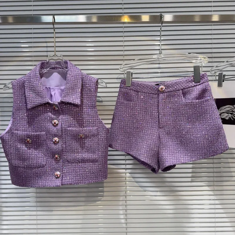 PREPOMP Spring Sequins Bright Silk Metal Buttons Tweed Vest Purple Shorts Two Piece Set Women Outfits GP383 240423