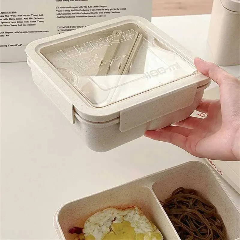 Sacs de boîtes à lunch Boîte à lunch Boîte de blé Paille de blé pour enfants Bureau de rangement alimentaire portable Boîte de rangement alimentaire portable avec baguettes à cuillère