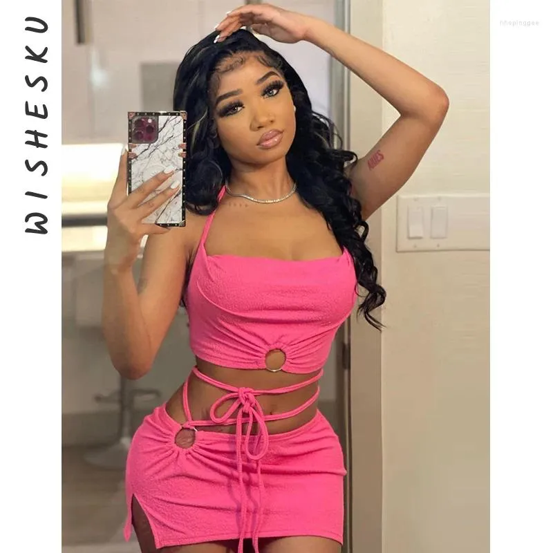 Work Dresses Two Piece Skirt Set Women Sexy Halter Backless Crop Camisole Top High Waist Drawstring Mini 2024 Spring Summer Y2K Clothes