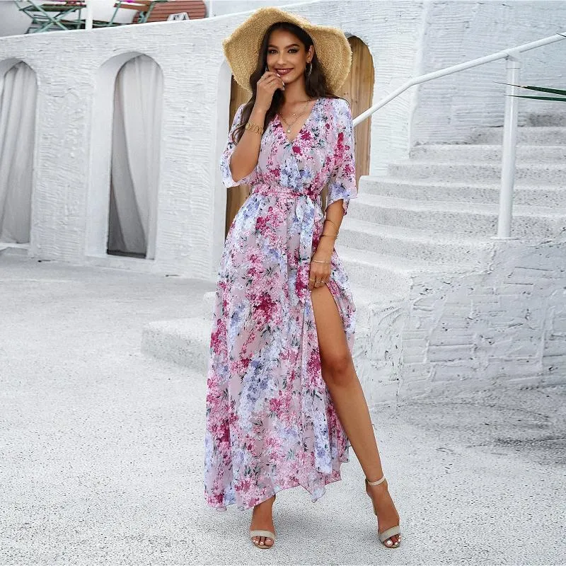 Casual Dresses V-Neck Printed Maxi For Women Short Sleeve Boho Lace-Up Mini Dress Summer Holiday Beach Vestidos