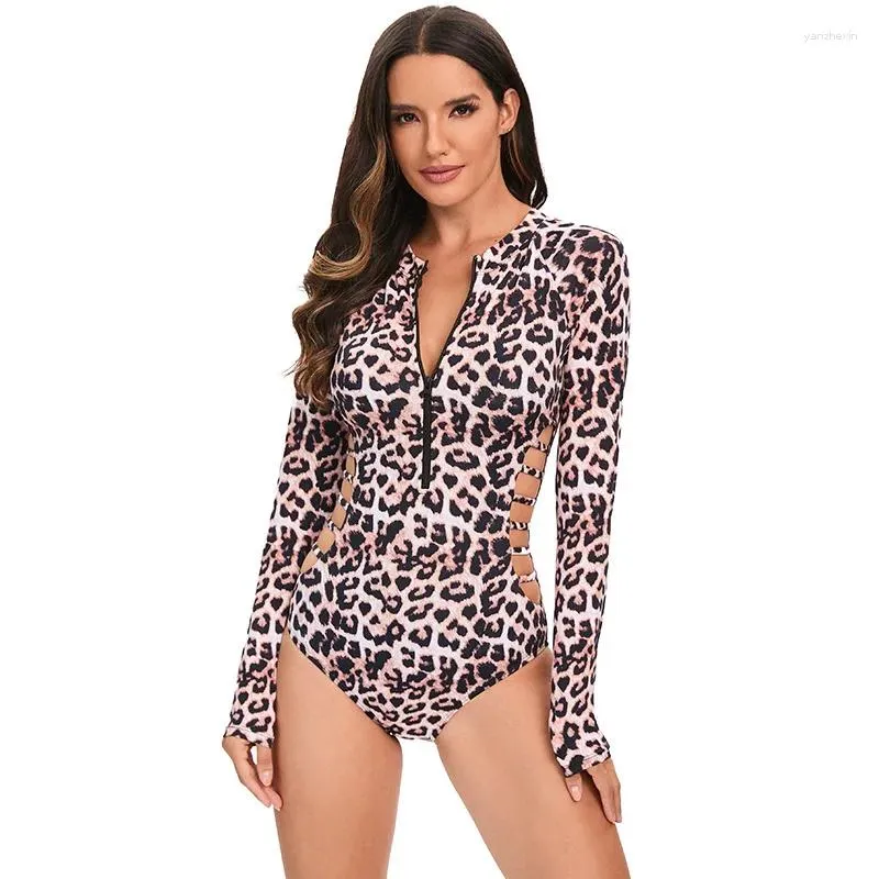 Women's Swimwear Leopard Print Long Sleeved Swimsuit European And American Sexy Hollow Out One Piece Surfing Suit Slim Fit Spicy Girl