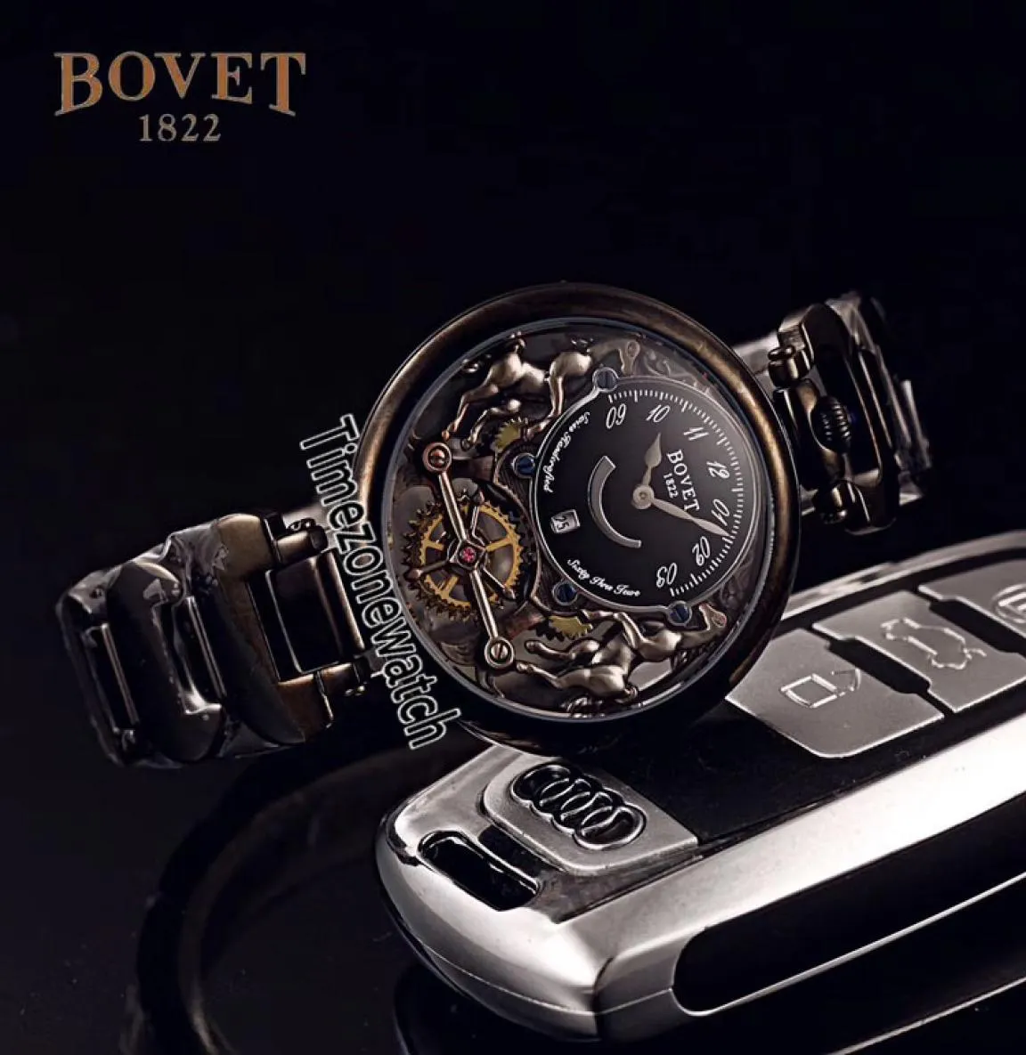 Bovet Swiss Quartz Mens Watch Amadeo Fleurier Pvd Steel Skeleton All Black Dial Orologi Bracciale in acciaio inossidabile Orologi TimeZonew9323806