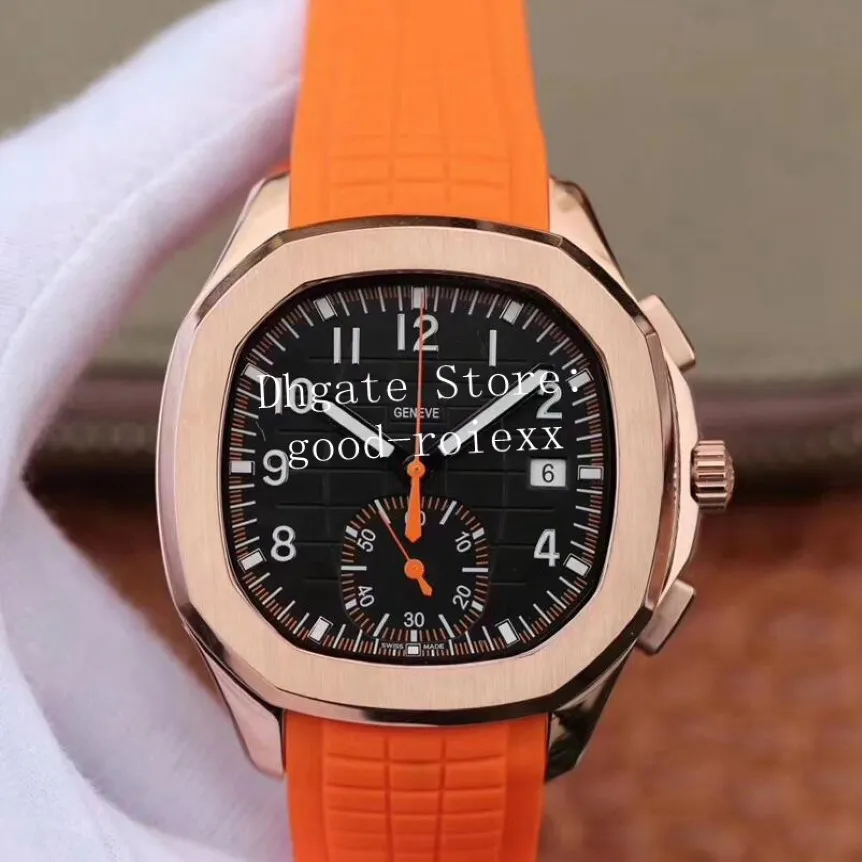 Chronographe en or rose masculin montre des hommes de mouvement chrono automatique regarde Valjoux 7750 eta Black Orange Rubber 5968 Sport Wrist 184o