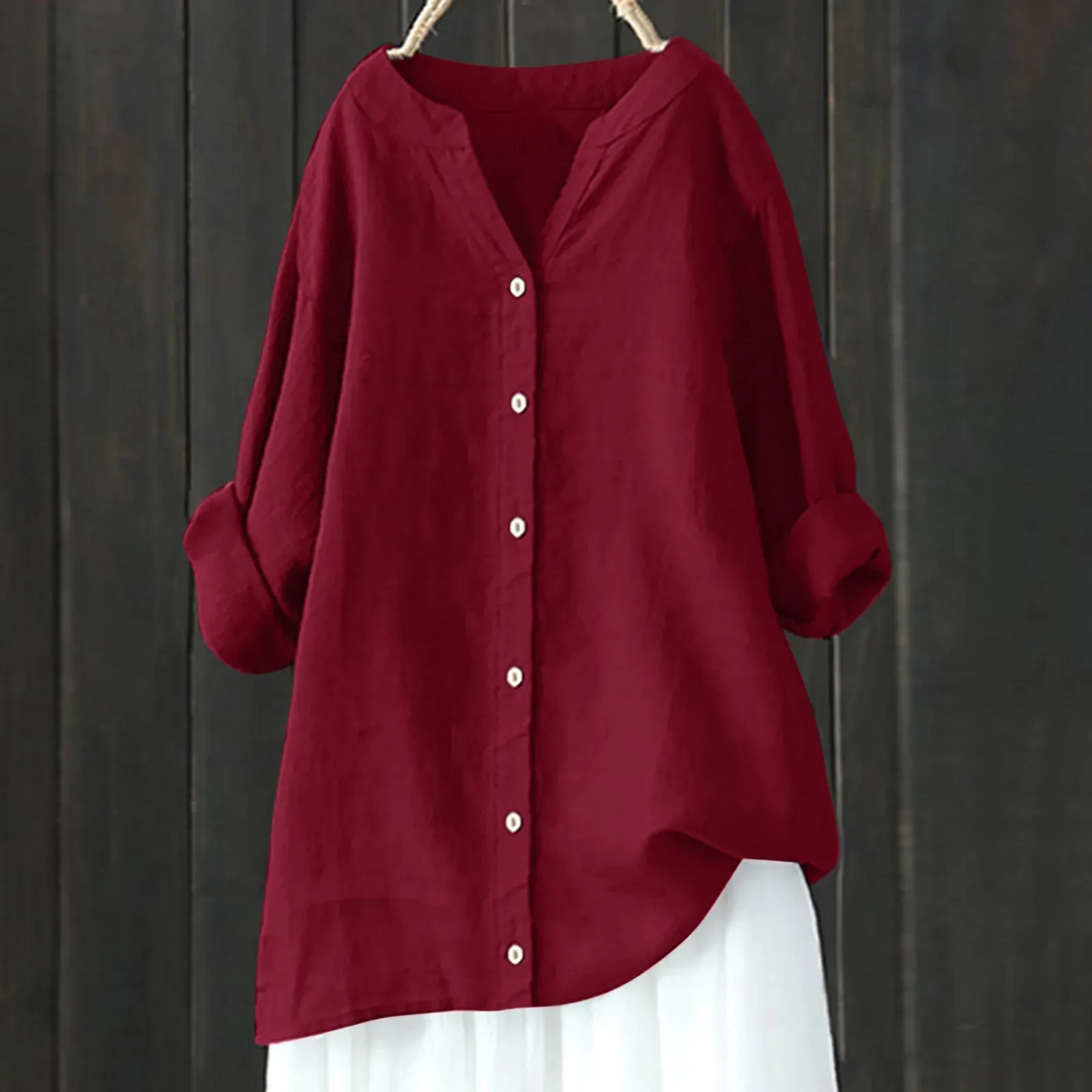 Bomullslinneskjorta och blusar Solid Loose Plus Size Spring Autumn Casual Long Sleeved Stand Collar Tops Tunics 240507
