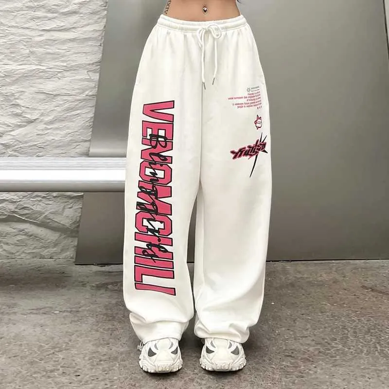 Pantalon féminin Capris Nouveau Y2K Street Vêtements Blanc Track Blanc Womens Harajuku Hippie Sports à jambes larges Super grande pantalon d'impression à séchage rapide Q240508