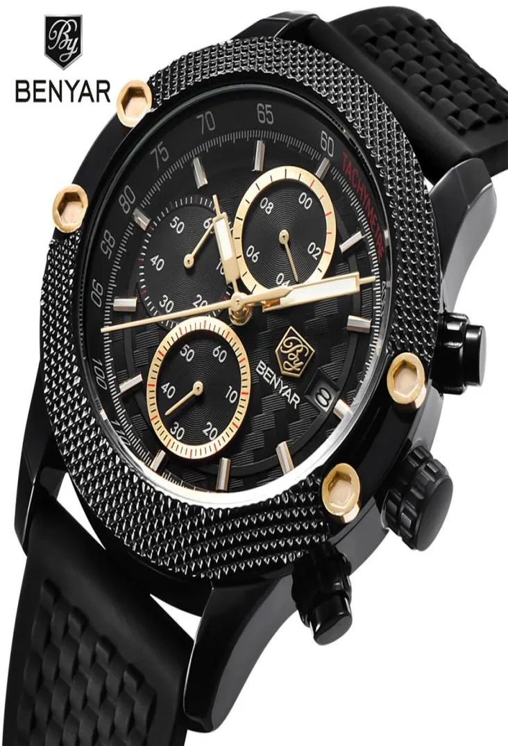 Benyar Mens Watches Top Luxury Sport Chronograph Fashion Men vattentätt lyxvarumärke Gold Quartz Watch Saat Reloj HOMBRE237Z5210735