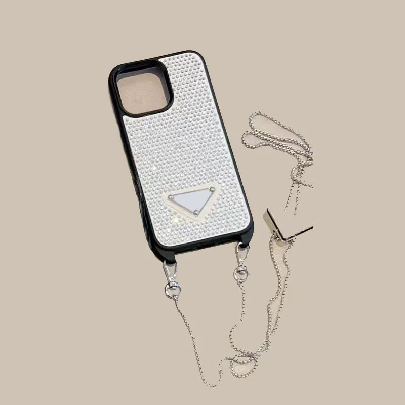 Designer Bling Rhinestone Case de telefone para Apple iPhone 15 Pro Max 14 Luxury Glitter Diamond Diamond Crossbody Soft Crystal Crystal Back Coque Fundas couro branco