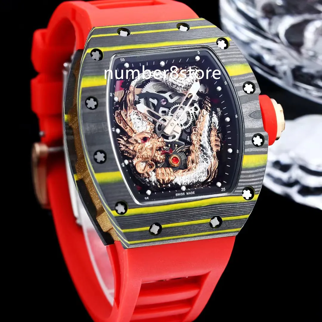 57-03 Mystical Dragon Carbone Fibre Mens Watch Automatic Swiss Tonneau Wristwatch Sapphire Crystal Imperproof Oversize Sports Watches 3 Colours