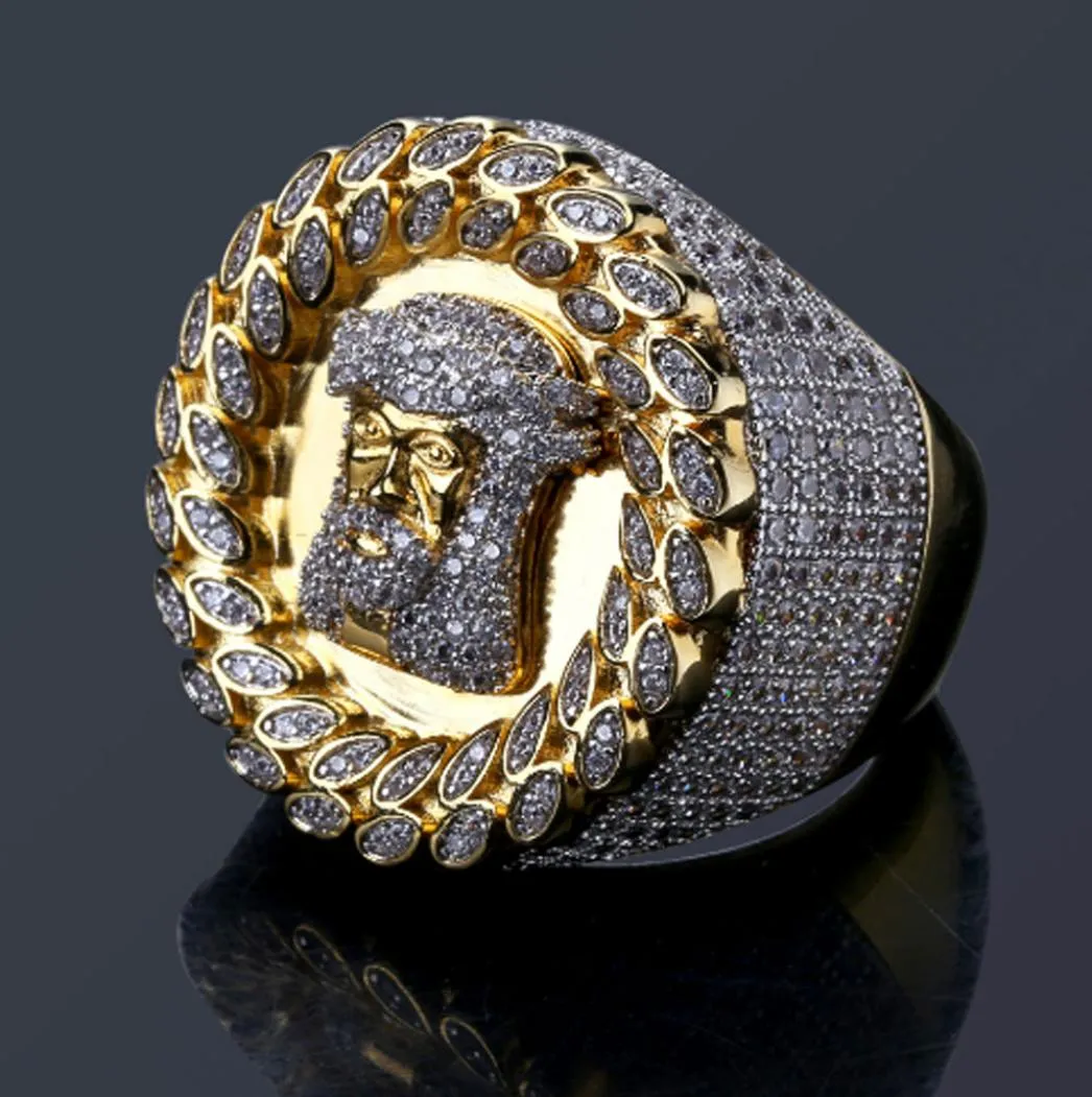 Luxury Men Gold Tone Hip Hop Jesus Face Ring Micro Pave Cubic Zirconia Simulated Diamonds Rings Size712 Bling Bling Jewelry3964213