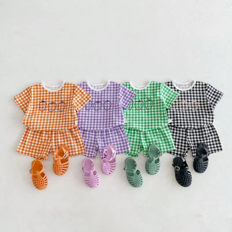 Clothing Sets Summer Korean Born Boys 2PCS Clothes Set Muslin Fruit Plaid Short Sleeve T-shirts Shorts Suit Infant Outfits