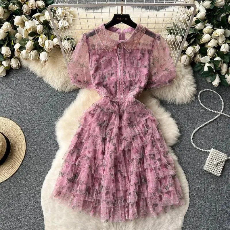 Feestjurken High QuLity Luxe Design Runway zomerjurk Women Beading Dollar Mesh Splicing Floral Layer Cake Short Vestidos N829