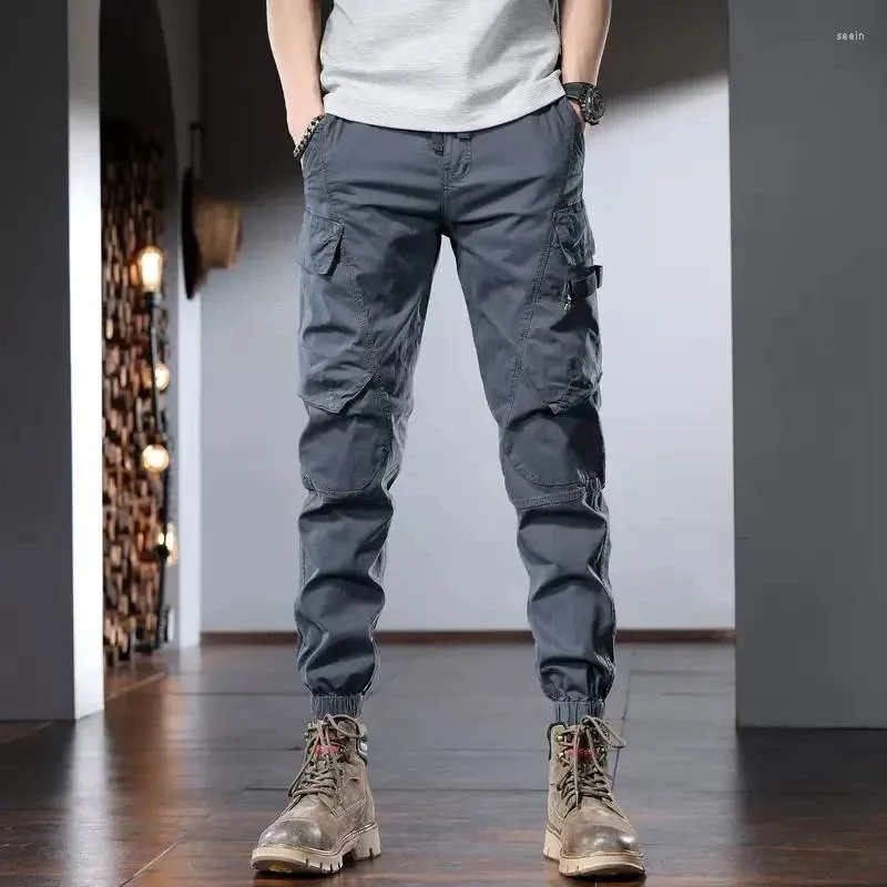 Pantalon pour hommes en coton tactique streetwear plusieurs poches décontractées pantalon gris slim fit