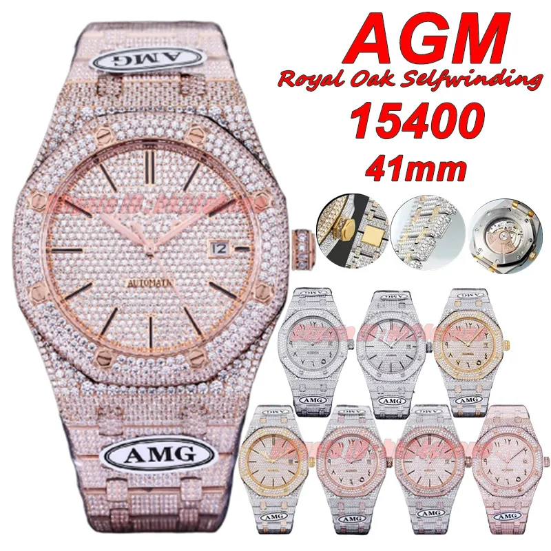 ONE Luxury Watches AMG 15400 Selfwinding 41mm Ful Iced Out Custom Diamonds 3120 Automatic Mens Watch Pave Diamond Dial Rose Gold Diamond Bracelet