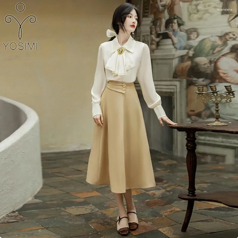 Elegant Work Outfits Long Sleeve Blouse Khaki Skirt Set From Evanelena 37.71 DHgate.Com