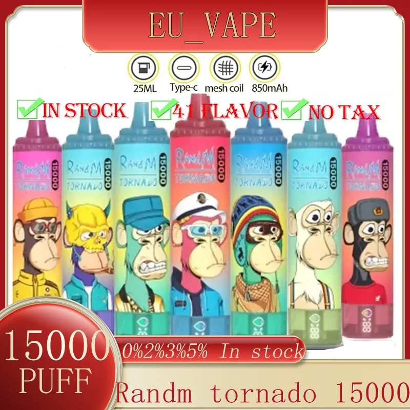 Randm Tornado 15000 Puffs Puff 15k Vape Fumot jetable 850mAh Type-C Charge 25 ml Pod préfabillée 41 FLAVORS 0% 2% 3% 5% E PUSFIGNE 15000 FUMOT 15000