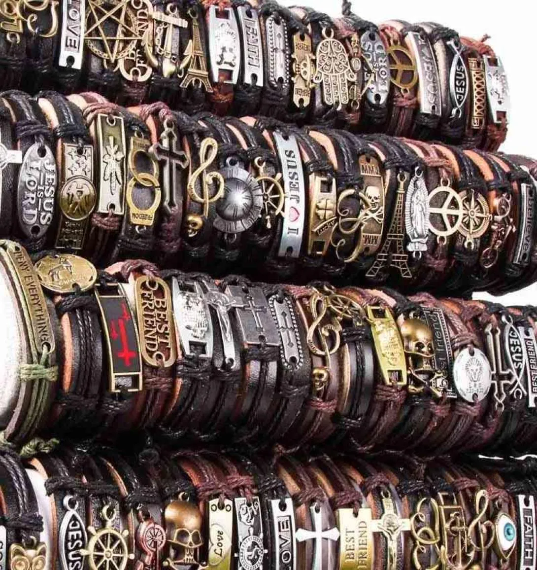 2021 wholale vintage lots 50 different alloy pendent pack mix styl genuine leather bracelets men039s women039s jewelry part7397127
