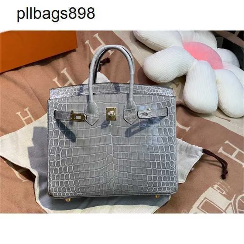 Top Cowhide Handbag Brkns Genuine Leather High gloss Crocodile Skin Bright Face Belly 25 Luxury GreyG092ZWXU