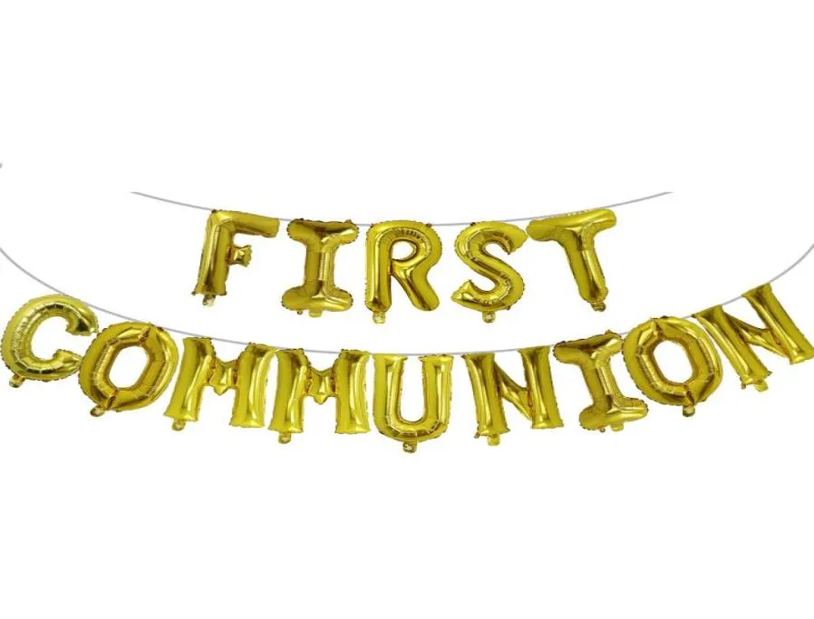1SET First Holy Communion Gold Balloons Bunting Banner Religious 1st Bekräftelse Väger Väggdekoration Po Props Ballon L7977684