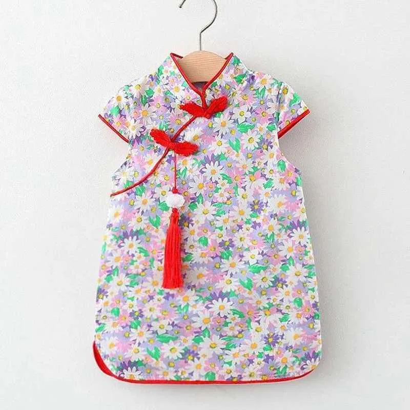 Meisjesjurken Chinese stijl meisje jurk Kid Cheongsam Flower Print Elegante prinsesjurk Tassel Toddler Tangkleding Baby Girl -kleren A1166