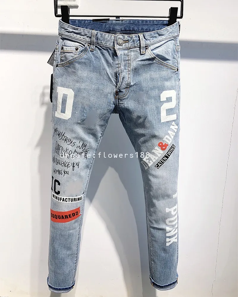 Jeans masculino folha de bordo slim algodão bomba leve impressão de impressão artesanal jeans d-s-q-2-d homens 9809