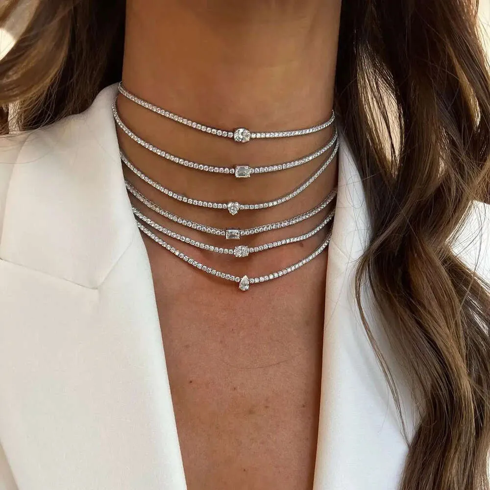 Geométrique Rectangle Déchirure Drop coeur Ovale Shaped Cumbic Zirconia Thin 2 mm Chain de tennis Sparking Women Girl Choker Collier