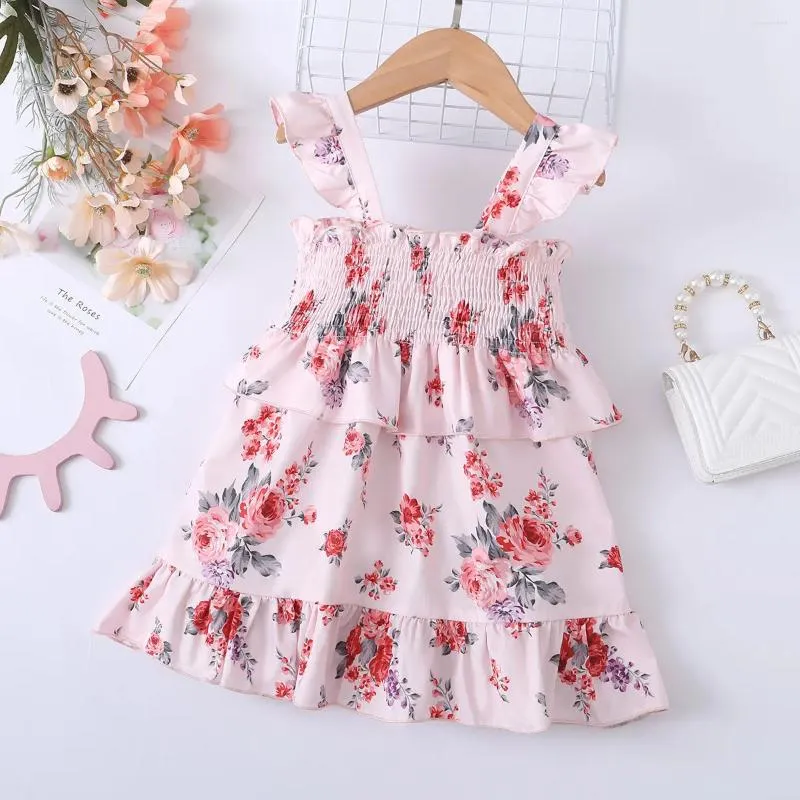 Vestidos de menina verão 2024 chegadas meninas sem mangas babados ruched rosa floral infantil menina vestido de festa fofo 18m-6t