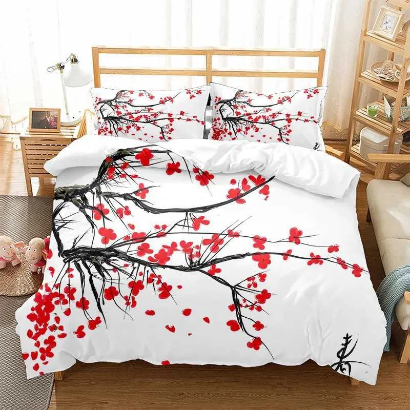 Beddengoed sets Japanse down dekbedovertrek bloeiende kersenbloesembomen kersenbloesems lente bloemen polyester beddengoed full -size/extra grote j240507