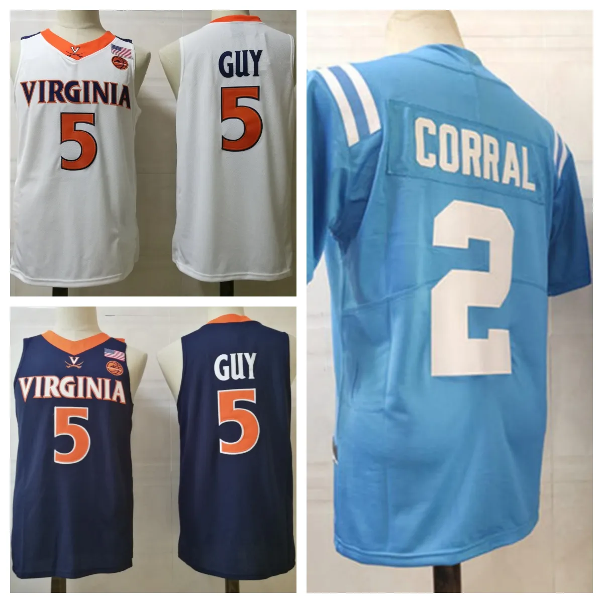 2024 Jersey de football Virginia Cavaliers Virginia Cavaliers 5 Guy 2 Corral Blue et White Custom Taille S M L XL 2XL 3XL FEMMES