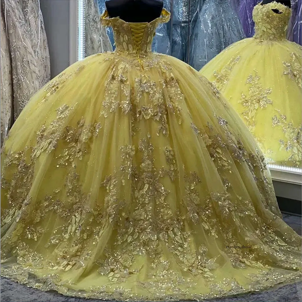 Robe de bal de la princesse brillante jaune robes de quinceanera off épaule applications en dentelle perles vestidos de 15 anos sweet 16th robe 0509