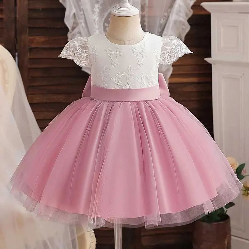 Mädchenkleider 12m Baby formelles Taufkleid Süßes Mädchen Stickerei Blume Geburtstagskleid Kleid Kinder Bogen Hochzeit Kleidung Kind Vestido