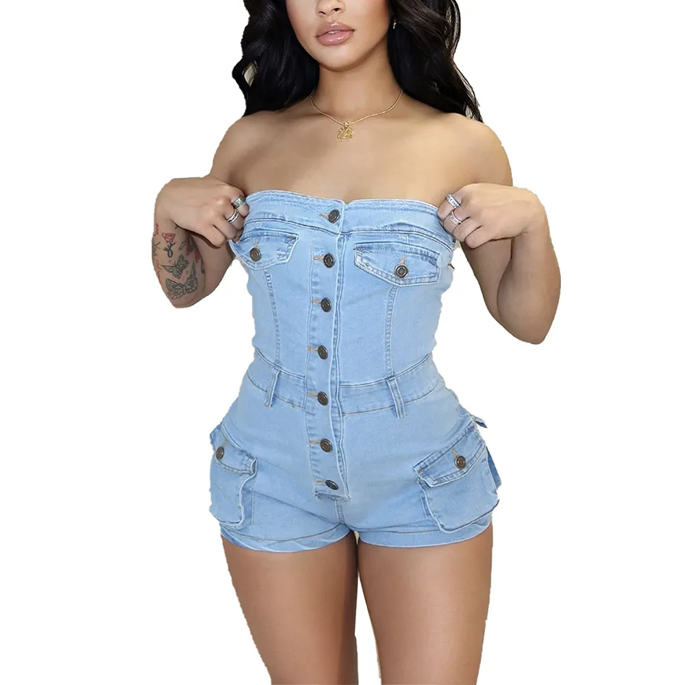 Frauen Overalls trägerlose Tube Jeans Strampler Sexy Bodycon von Schulter Rückenlosen Frachtshorts Sommer Stretch Jean Jumpsuit Clubwear