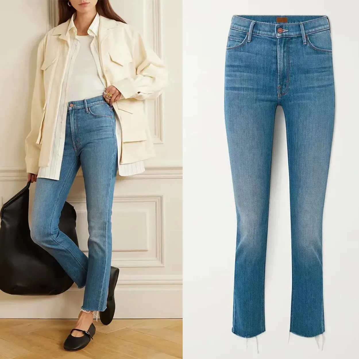 Hög midja kvinnor raka jeans avslappnad vild smal fashion lady skinny denim elastiska byxor byxor 240509