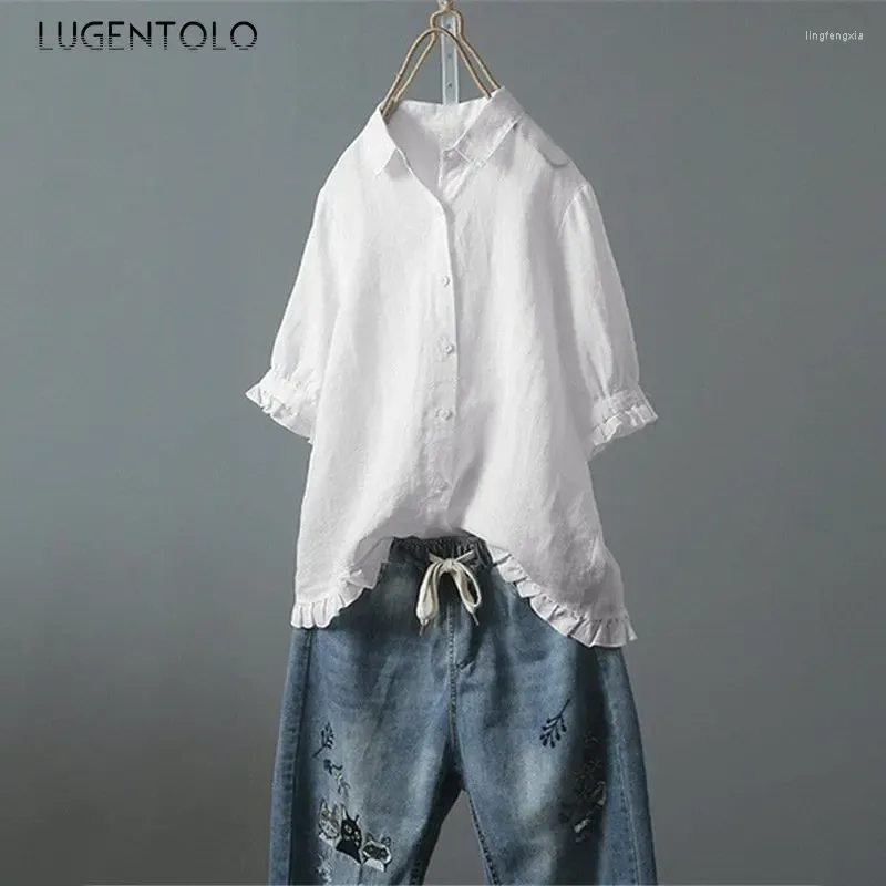 Women's Blouses Women Casual Versatile Shirts Single-breasted Short Ruffle Sleeves Solid Top Thin Summer Lady Simple Harajuku Linen Loose