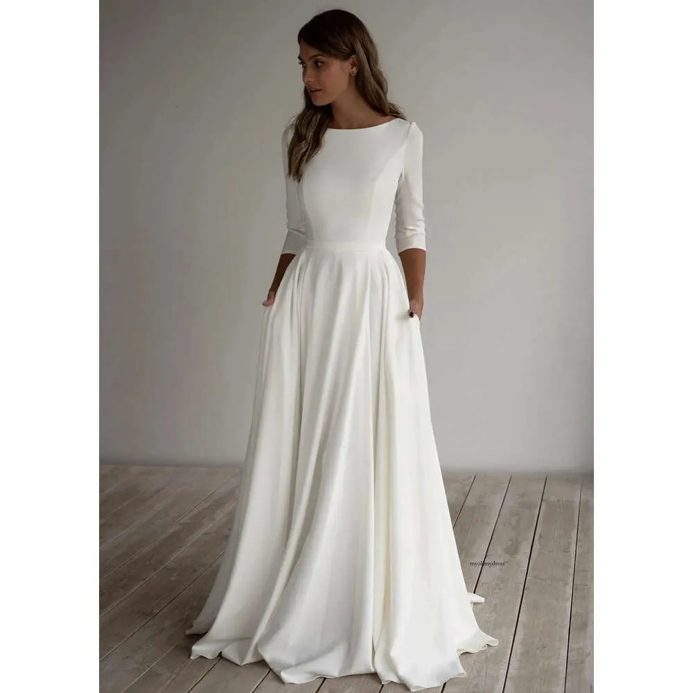 2021 A-Line Crepe Modest Weedding Abito da sposa maniche lunghe Train per spazzatura semplice Elegante Elegante Boho Bridal Abiti da sposa a maniche realizzate su misura 0509