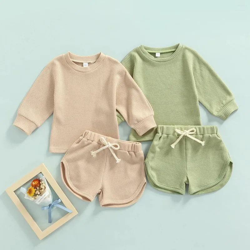 Ensembles de vêtements pour bébé unisexe Baby Kid Set Solid Cotton Waffle Offits Kids Color Half Mancheve Round Cou T-shirt Short