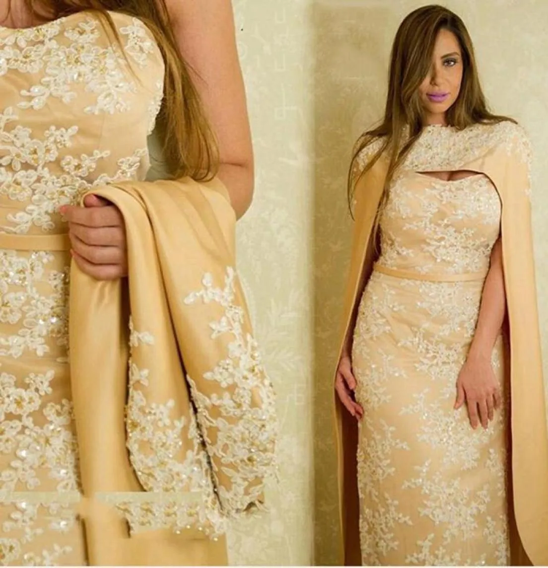 Verpackte Abendkleider gelbe Perlen -Applikationen Cape Prom Kleider 2016 Mitte gemachtes Plus -Size -formelle Frauenkleider9905731