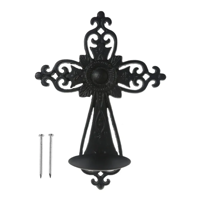 Holders Candlestick European Style Cast Iron Hollow Cross Wall Hanging Candle Holder Tealight Candlestick Retro Metal Stand Sconce Decor