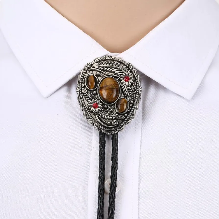 Tiger Eye Stone Leaf Bolo Tie för Man Cowboy Western Cowgirl Leather Rep Zinc Alloy Slips 2840