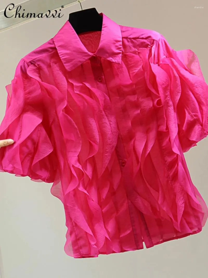 Женские блузки модные оборки лоскутные полосы полосы блузки летний корейский стиль стройный твердый цвет прямой шифоновый солнцезащитный