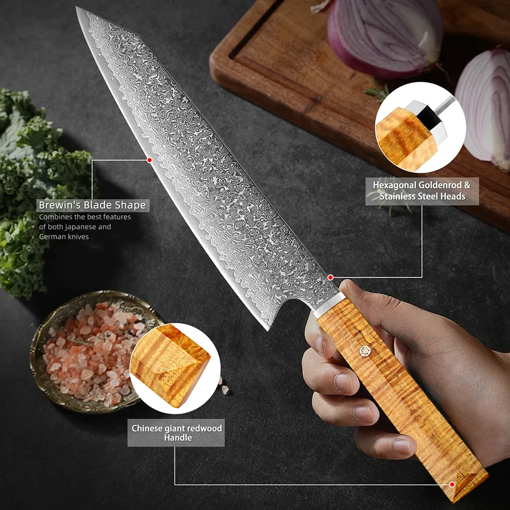 Xituo Damascus Chef Couteau 8 pouces, Pro Damas Super Steel Kitchen Knife, couteau japonais ultra aiguisé avec poignée dorée ergonomique