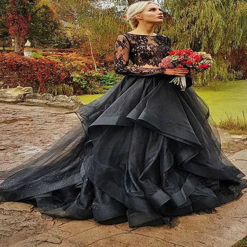 2 stuks gotische zwarte kleurrijke trouwjurken met kleur illusie kanten topruffels organza rok boho zwarte trouwjurken couture 284r