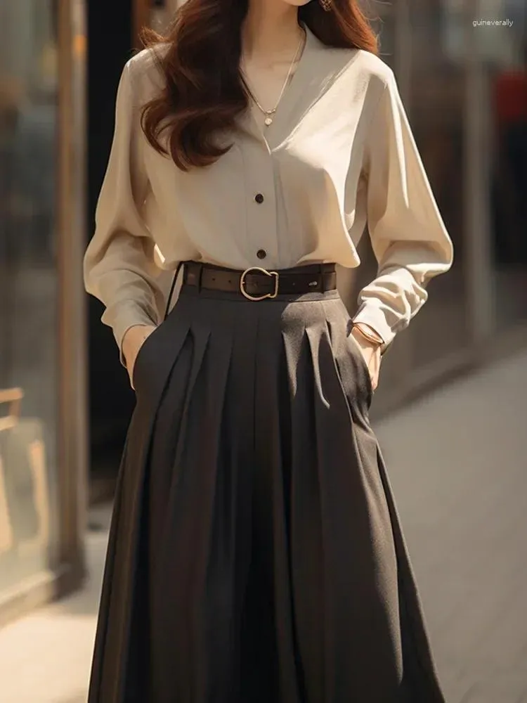 Khaki Shirt and Brown Skirt Set Elegant Work Outfit for Office Ladies