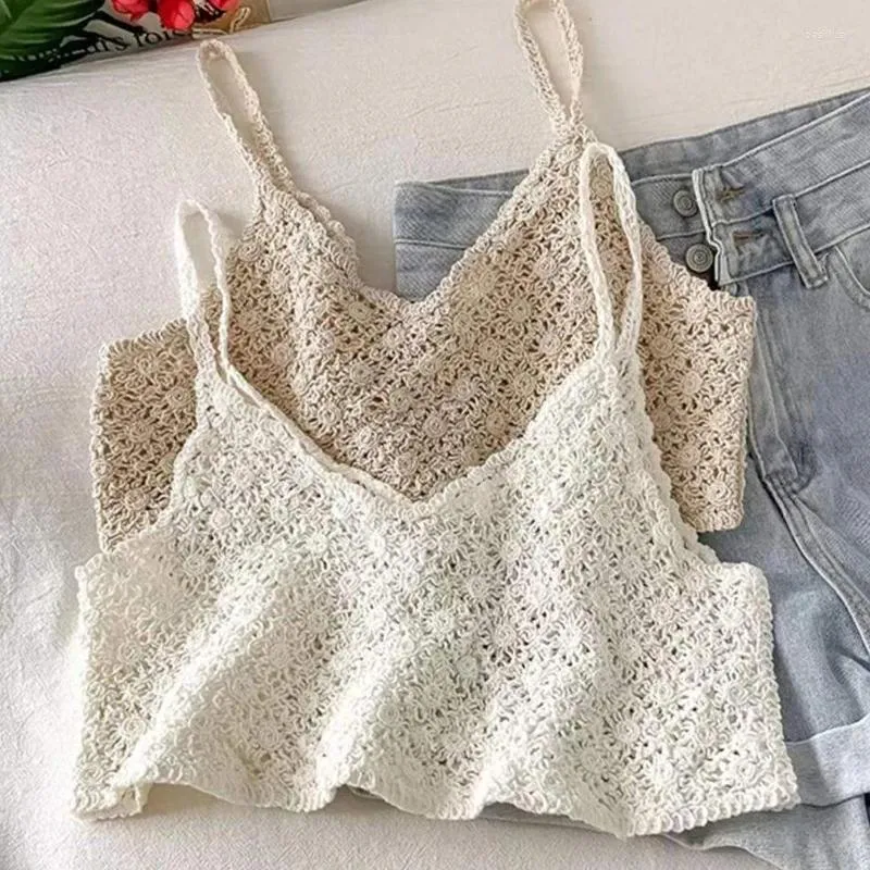 Women's Tanks Women Vintage French Crochet Sleeveless Camisole Hollow Out Knit Floral Crop Top Sexy V-Neck Beach Mini Vest Wholesale