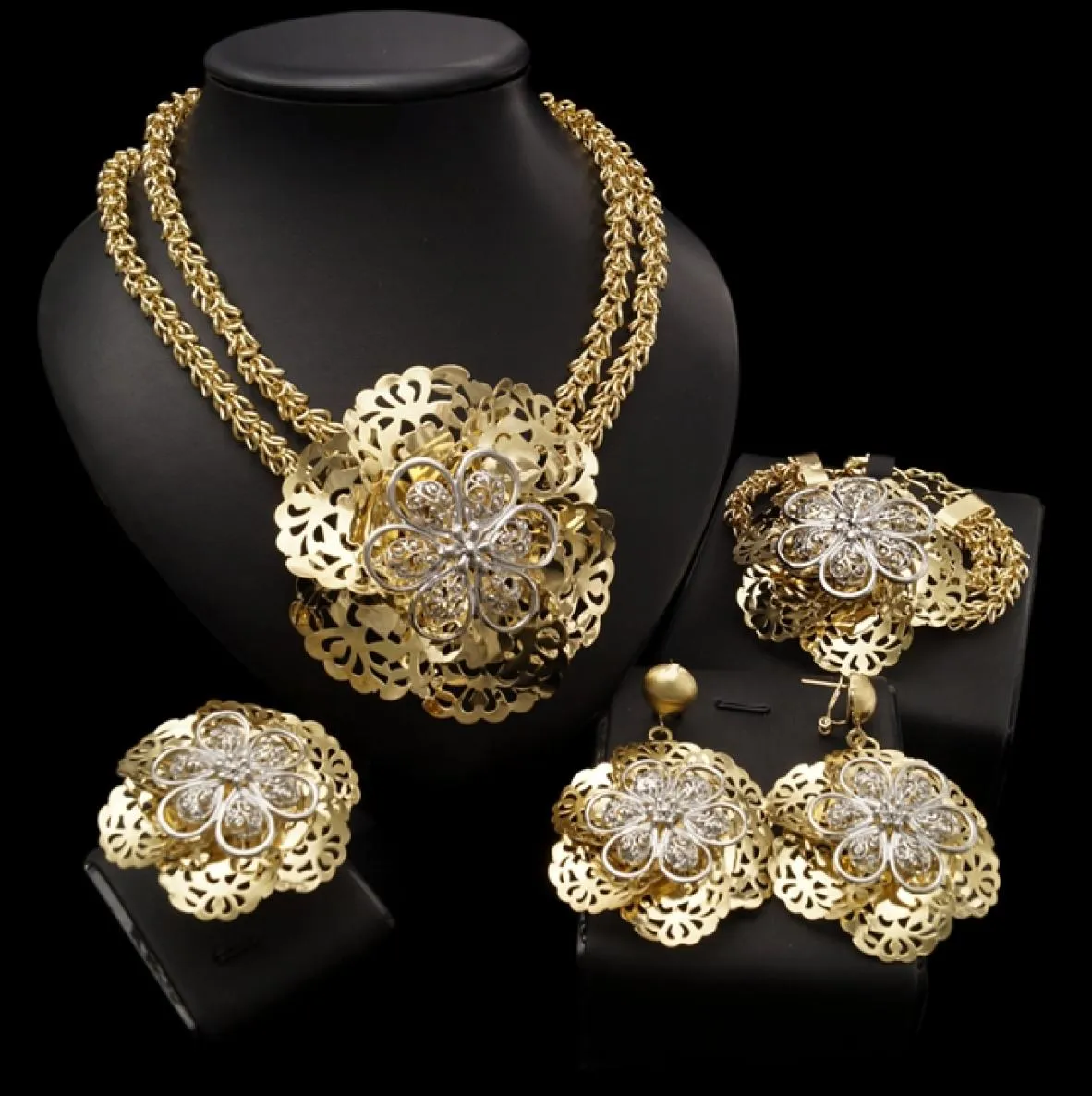 Yulaili afrikanische pageantry dekorative Muster Big Blume Mode Dicke Halskette Armband Ohrringe Ringdesign Dubai Gold Schmuck SE1324167
