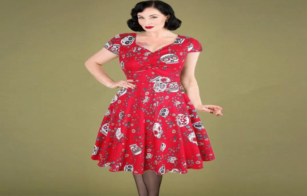 Oten Halloween Sommer Skaterkleid Elegante Vintage Red Sugar Skull Blumendruck 50er Rockabilly Abend Party Plus Größe Kleider 214162883