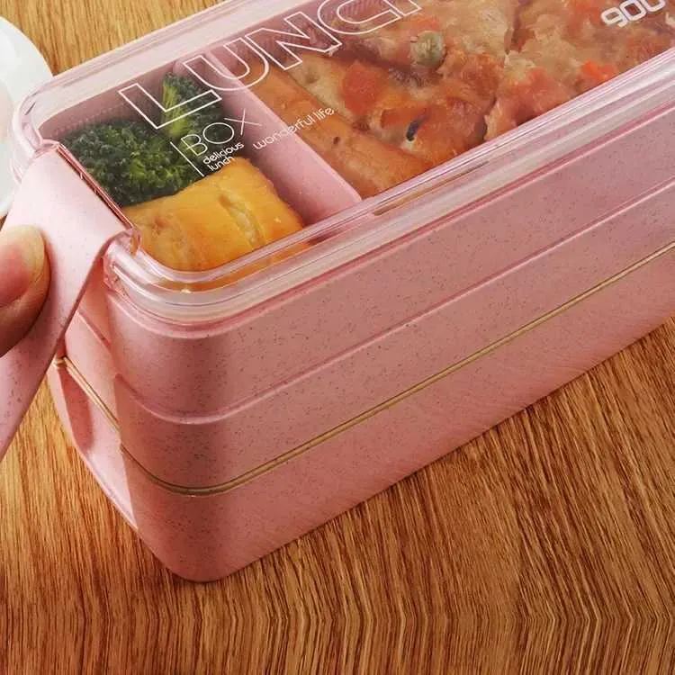 Lunchlådor väskor hälsosamt material lunchlåda 3 lager vete halm bento lådor mikrovågsugn servis matlagring container lunchlåda 900 ml