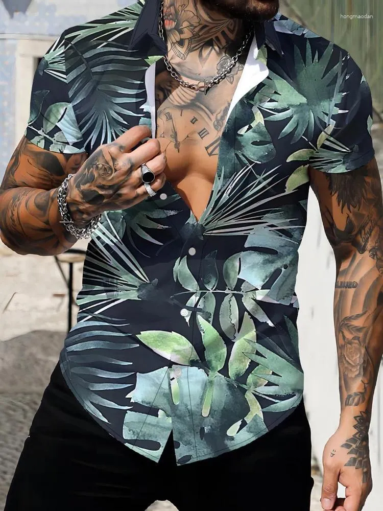 Herren -Freihirthirts Modeflaute Harajuku Sommerblätter 3D Digital Druck Hawaiianer kurzes Hemdkleidung