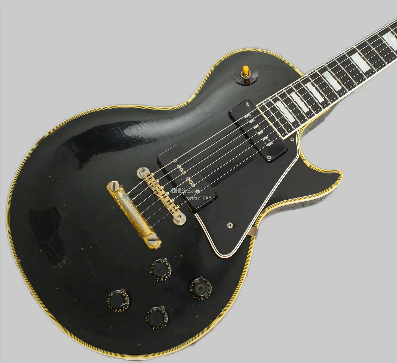 Custom 1958 Reedição P90 Pickup Black Beauty Ebony Fingboard Ebony, amarelo 5 Ply encadernação, Pickguard preto, Bloco de pérolas brancas Block 2589